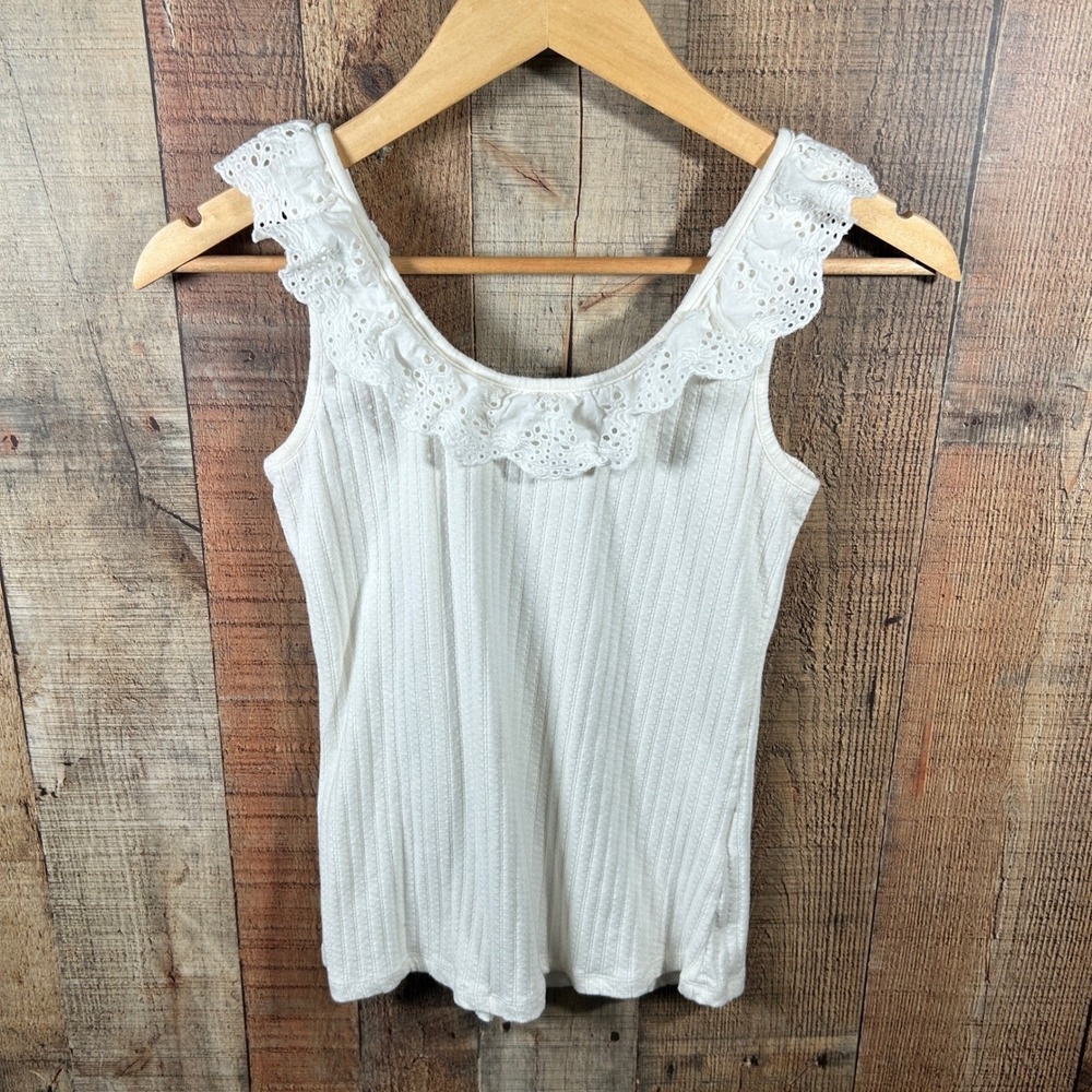 Rewind Eyelet Lace Trim Ribbed Tank Top Cottagecore Coquette Ivory Medium